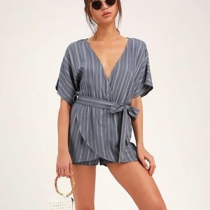 Lulu’s - Climb Aboard Slate Blue Striped Romper